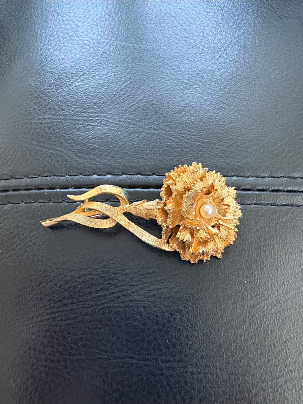 Vintage Signed Marcel Boucher Gold Floral Carnation Brooch with Faux Pearl